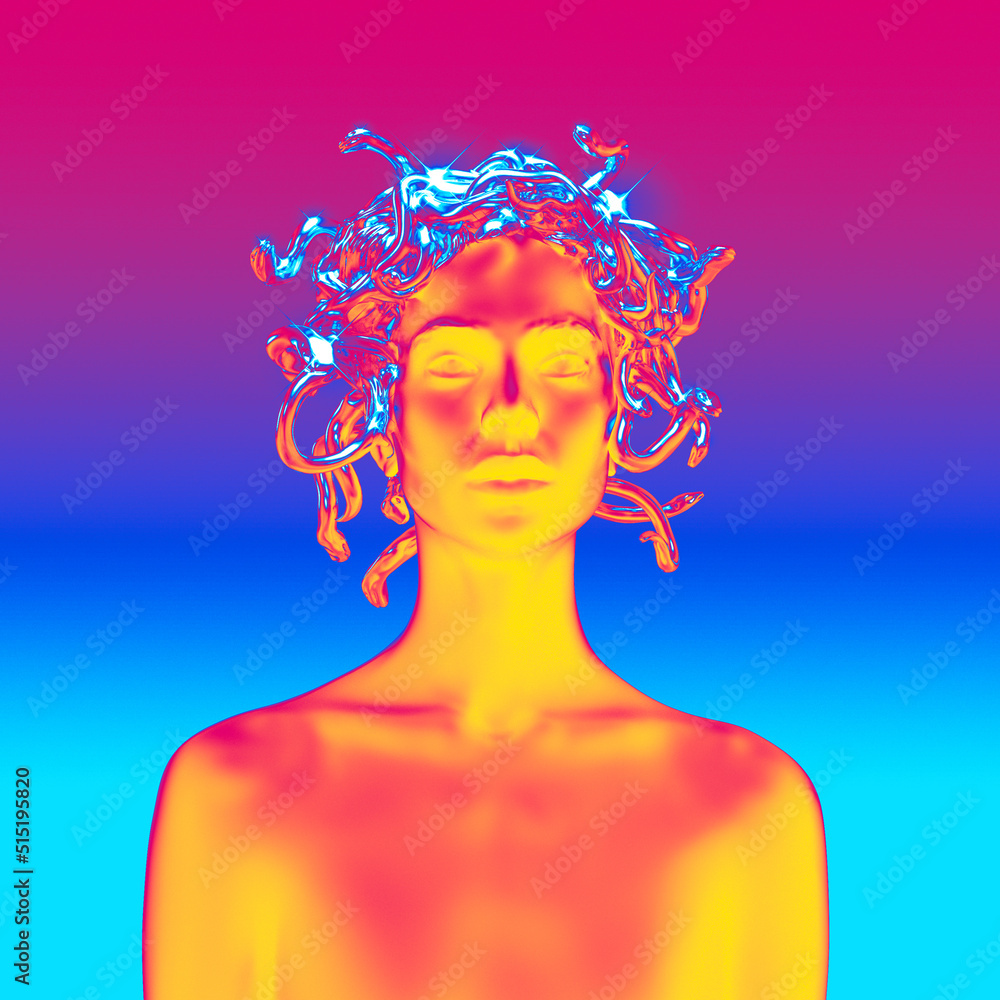 Poster abstract illustration from 3d rendering of black female frontal figure with golden shiny medusa snak