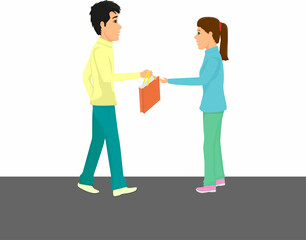 teen boyfriend gives a gift to his girlfriend (or sister)