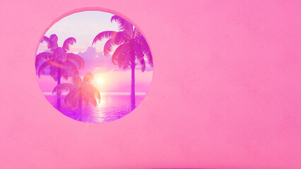 Pink wall with round window, beach view with palm trees 3d render