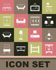 Set Furniture nightstand, Lamp hanging, Chandelier, Picture, Sofa, Wardrobe, TV table and icon. Vector