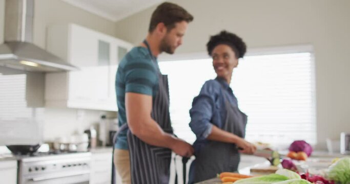 Video of happy diverse couple preparing meal, cutting vegetables in kitchen