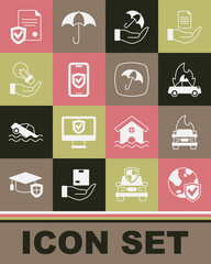 Set Shield with world globe, Burning car, Umbrella hand, Insurance online, Light bulb, Contract shield and icon. Vector