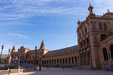 Obraz premium Seville, Spain, September 11, 2021: The Spanish Steps in Seville or 'Plaza de España', where the main building of the Ibero-American Exhibition of 1929 was built.