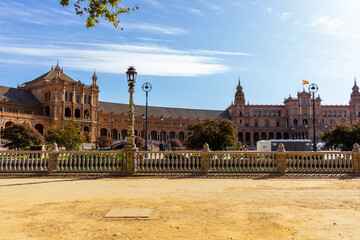Obraz premium Seville, Spain, September 11, 2021: The Spanish Steps in Seville or 'Plaza de España', where the main building of the Ibero-American Exhibition of 1929 was built.
