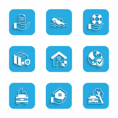 Set House with shield, in hand, Car damaged by fallen tree, Shield world globe, Burning car, Delivery security, Lifebuoy and Contract icon. Vector