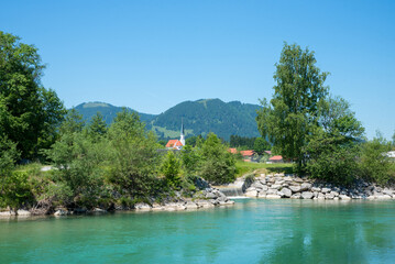 isar river near Arzbach, beautiful bavarian landscape with church