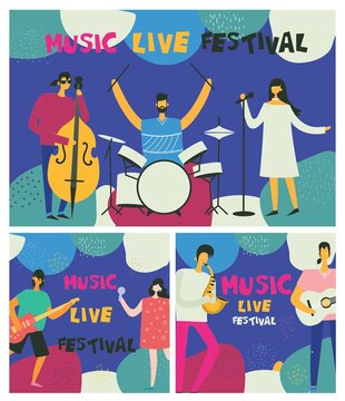 Jazz music festival poster in flat design with musicians playing music instruments
