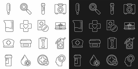 Set line Male head with hospital, Cross medical tag, Laptop cardiogram, Test tube blood, Heart cross, Measuring cup, Medical thermometer and prescription icon. Vector