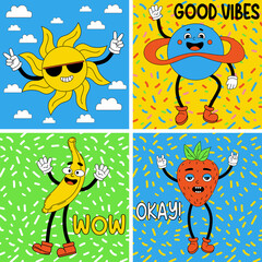 Naklejka premium Funny cartoon characters. Groovy elements funky Earth, sun, banana and strawberry with feet and gloved hands. Sticker pack, posters, prints. Set comic Vector illustrations trendy retro cartoon style.