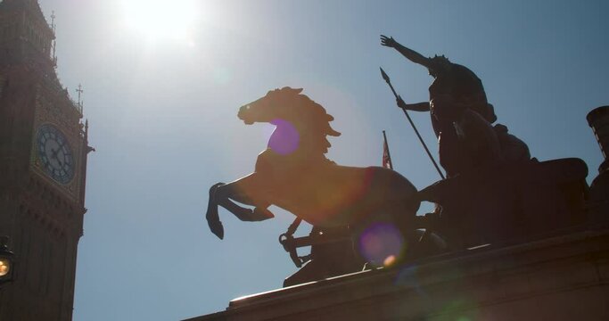 Pan to Big Ben, Houses of Parliament from Boadicea or Boudica statue on Westminster Bridge, London, England