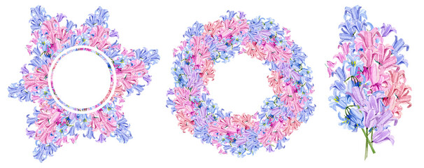 Blue, pink, violet wildflower frame watercolor illustration. Hand drawn flower wreath bluebells. Elegant garden small flowers in color trendy for wedding invitation