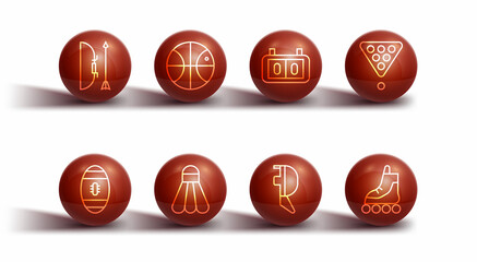 Set line Bow and arrow in quiver, Billiard balls rack triangle, Fencing helmet mask, Badminton shuttlecock, Basketball, Roller skate and Sport mechanical scoreboard icon. Vector