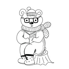 Cute bear in glasses, scarf, hat, rubber boots with books in hand. Doodle vector illustration. Autumn coloring page, print for kids 