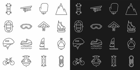 Set line Climber rope, Helmet and action camera, Skates, Boxing glove, Ski goggles, Rafting boat, Longboard or skateboard and Hang glider icon. Vector