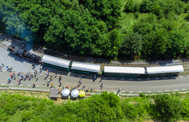 aerial view of the narrow gauge train from Sovata resort - Romania 05.Jul.2022 it is a tourist...