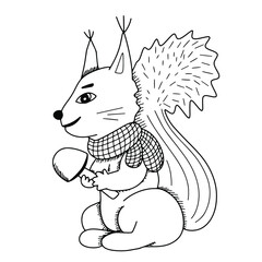 Squirrel in scarf with mushroom. Vector doodle illustration for coloring page  - obrazy, fototapety, plakaty
