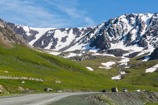 Highway to Too Ashuu literally "camel pass", is a mountain pass in Kyrgyzstan on the highway from Bishkek to Osh. Snowy peaks. Kyrgyzstan