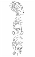 African american Woman face, continuous line drawing.  Line art, drawing of face, fashion concept, woman beauty minimalist for wall decoration, postcard or brochure cover design. Vector illustrations 