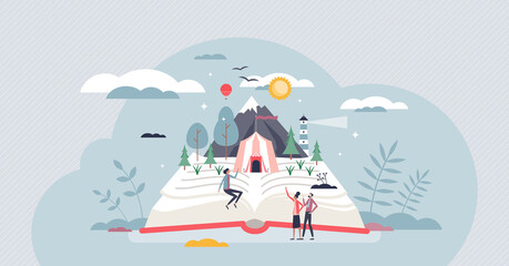 Storytelling process as book reading and presentation to audience tiny person concept. Viral adventure telling process and author emotional communication with visual information vector illustration.