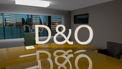 D and O. Directors and officers liability Insurance concept. Director's office with a large table and skyscrapers outside the window. 3d rendering