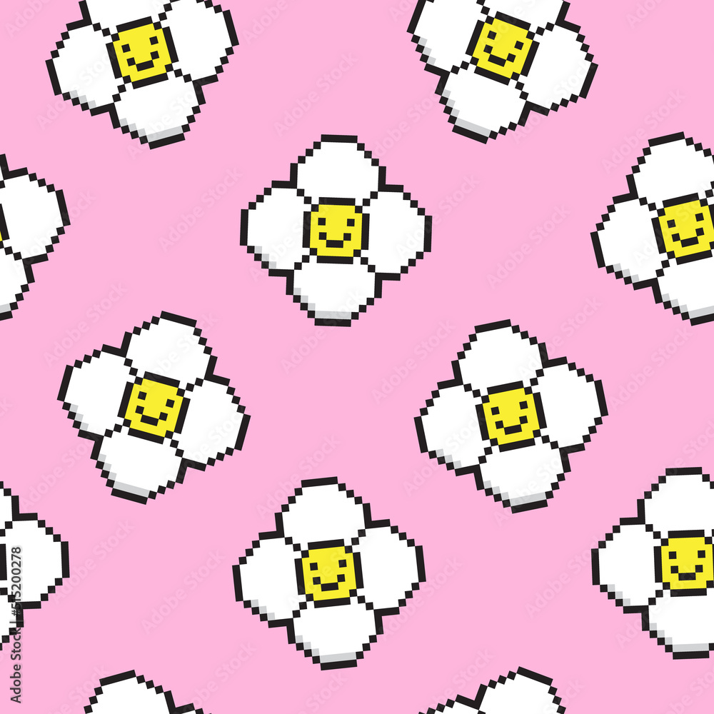 Poster seamless vector pattern with cute pixel flowers. background with colorful geek daisy in the style of