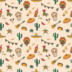 Seamless pattern with Mexican elements. Cactus, skull, hat and more. Hand-drawn flat vector illustration.