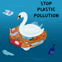 The white swan lays its eggs among the garbage