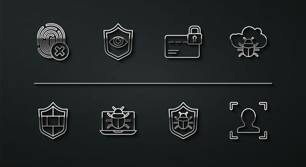 Set line Cancelled fingerprint, Shield with brick wall, System bug on cloud, monitor, and eye, Face recognition and Credit card lock icon. Vector