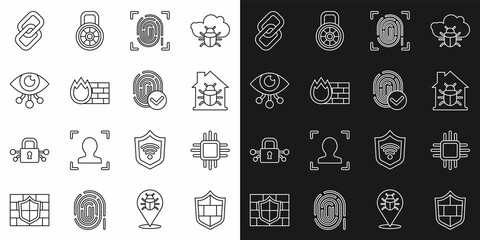 Set line Shield with brick wall, Processor microcircuits CPU, House system bug, Fingerprint, Firewall, security, Eye scan, Chain link and icon. Vector