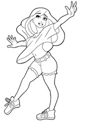 A cute girl stands on one leg with her arms outstretched to the side, dancing. She has long wavy hair, a t-shirt fluttering in the wind, outline drawing