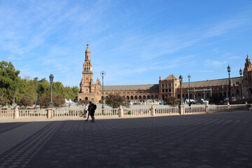 Naklejka premium Seville, Spain, September 11, 2021: The Spanish Steps in Seville or 'Plaza de España', where the main building of the Ibero-American Exhibition of 1929 was built. The North Tower.