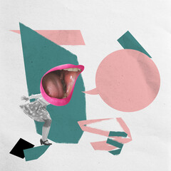Composition with woman in retro style outfit with big mouth over abstract background. Contemporary art collage. Ad, surrealism, imagination, inspiration.