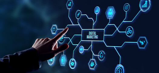 Internet, business, Technology and network concept. Digital Marketing content planning advertising strategy concept. Virtual button