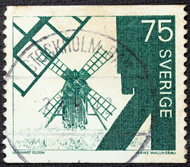 SWEDEN - CIRCA 1971 : Cancelled postage stamp printed by Sweden, that shows Windmills in Island, circa 1971.