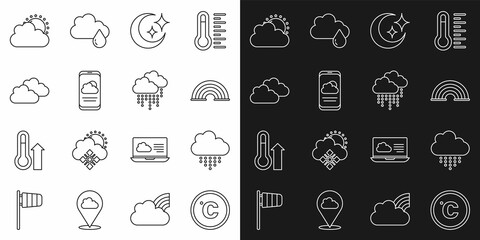 Set line Celsius, Cloud with rain, Rainbow, Moon and stars, Weather forecast, Sun cloud weather and icon. Vector