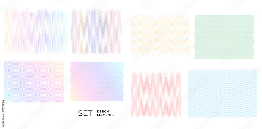 Poster set linear background. soft rainbow color. design elements. polygonal lines. guilloche. protective l