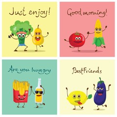 Cute funny food and drink characters set, best friends, funny fast food menu vector Illustrations. Flat vector illustration use for web page, card, poster, banner.