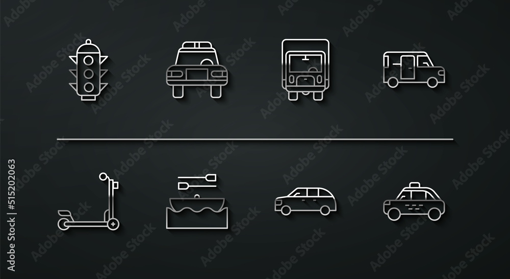 Sticker Set line Traffic light, Scooter, Minibus, Hatchback car, Boat with oars, Police and flasher, Taxi and Delivery cargo truck icon. Vector