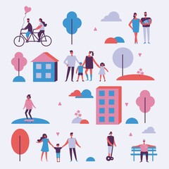 Concept of young people walking, running and jumping in the park. Stylish modern vector illustration card with male and female teenagers