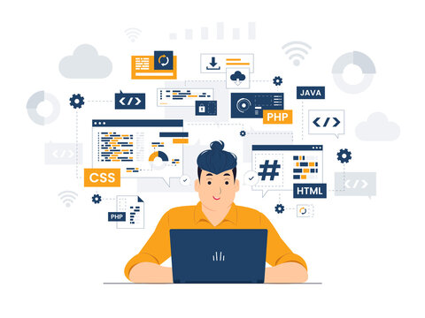 Programmer, Developer, engineer with laptop sitting at the office desk holding a pen while coding and developing concept illustration