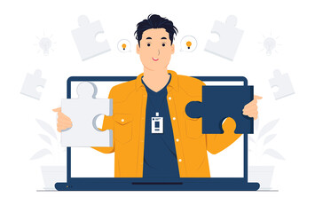 Problem solving, Business Solution, creative decision, difficult task, lateral thinking, assembling puzzle concept illustration