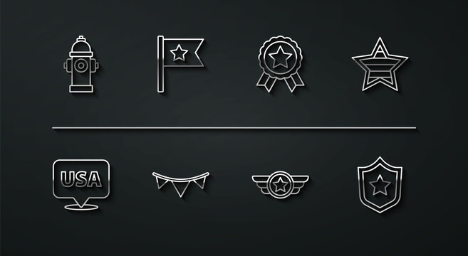 Set line Fire hydrant, USA Independence day, Star American military, Carnival garland with flags, Police badge and Medal star icon. Vector