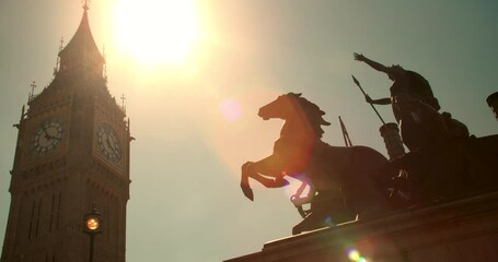 Big Ben, Houses of Parliament and Boadicea or Boudica statue on Westminster Bridge at sunset, London, England