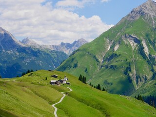 Panoramic view of ancient Walser village Buerstegg in the Austrian Alps. Lech am Arlberg, Vorarlberg, Austria.