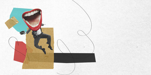 Modern design, contemporary art collage. Jumping man headed with open female mouth with bright red...