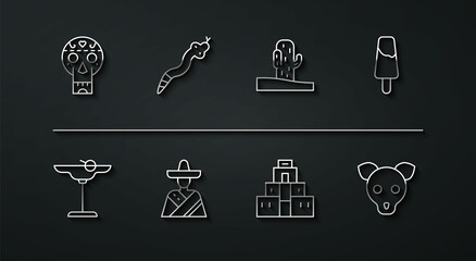 Set line Mexican skull, Margarita cocktail, Popsicle ice cream, Chichen Itza in Mayan, man sombrero, Snake, Dog and Cactus icon. Vector