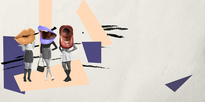 Contemporary art collage. Ideas, imagination, art, surrealism. Group of people with female mouths instead their heads. Concept of social gathering, news