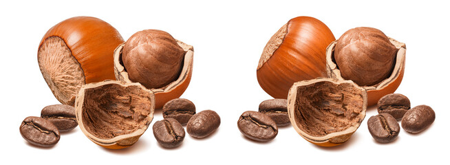 Set of hazelnuts and coffee beans isolated on white background