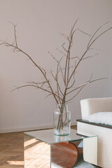 Branches bouquet in vase on trendy glass table in Scandinavian design living room. Aesthetic minimal home decor.