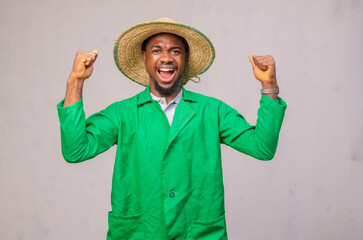 excited farmer isolated over white background